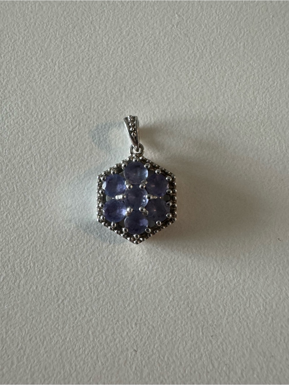 Hexagon Sterling Silver Pendant with Purple Gemstones